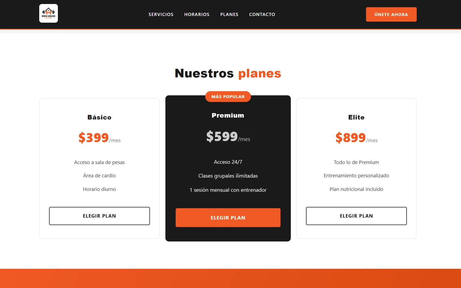 Concepto de sitio para Iron House Gym — pantalla 2 de 3