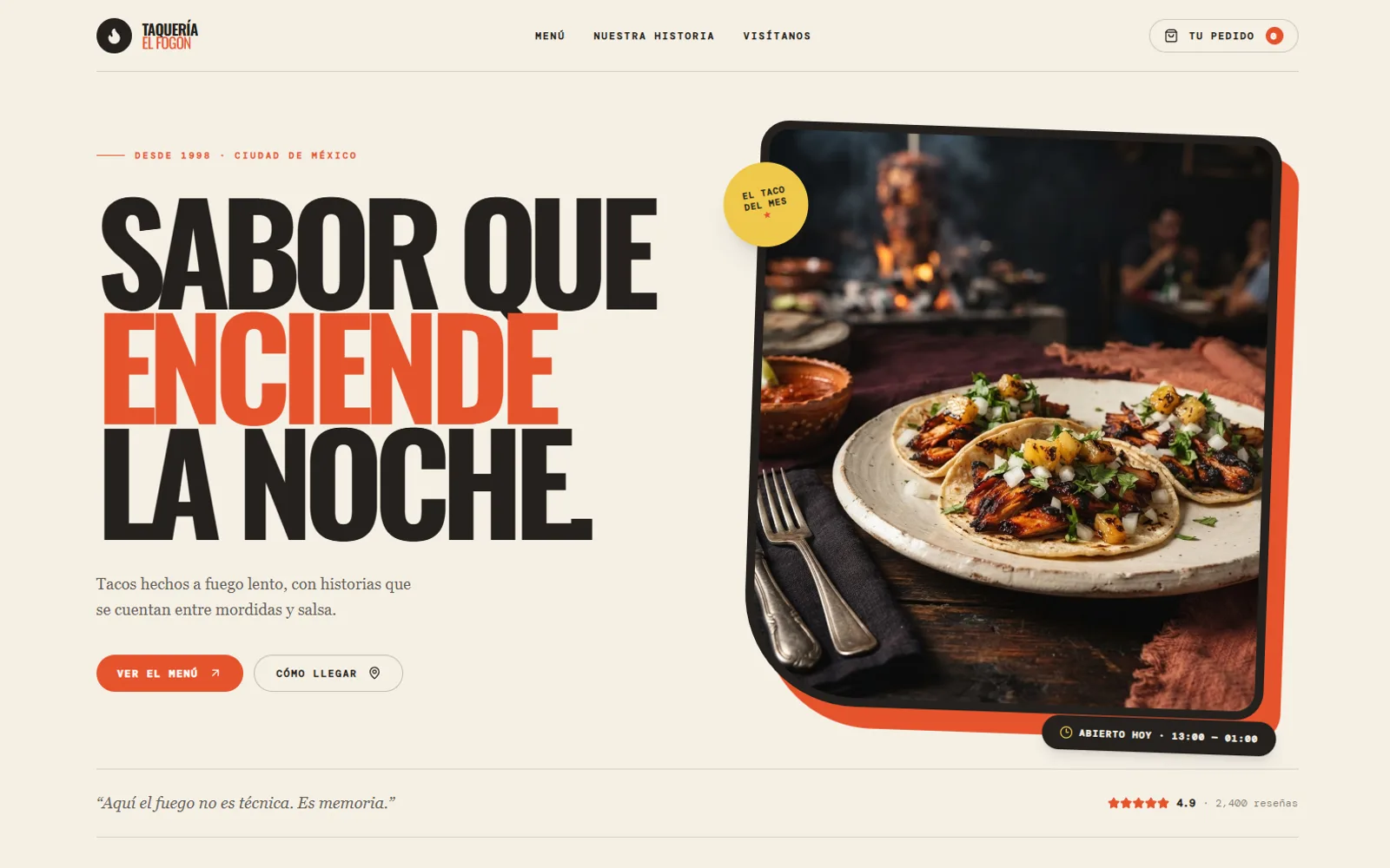 Concepto de sitio para Taquería El Fogón — pantalla 1 de 3
